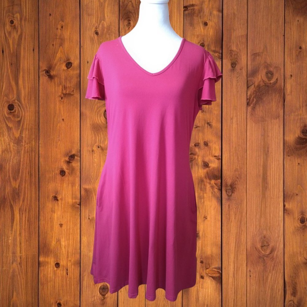 Nivyee Short Ruffle Sleeve Pink Dress Side Pockets Size Medium  Casual V-Neck